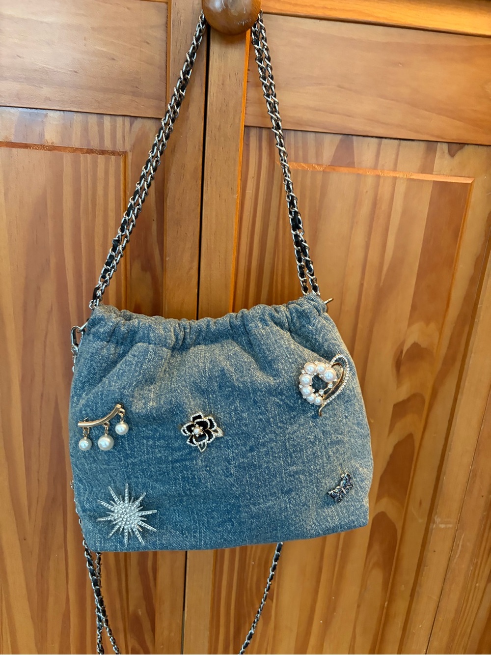 Blue Beaded Denim Drawstring Shoulder Bag